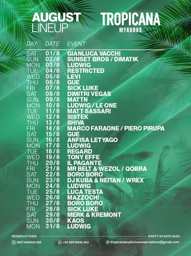 TROPICANA MYKONOS AUGUST LINEUP